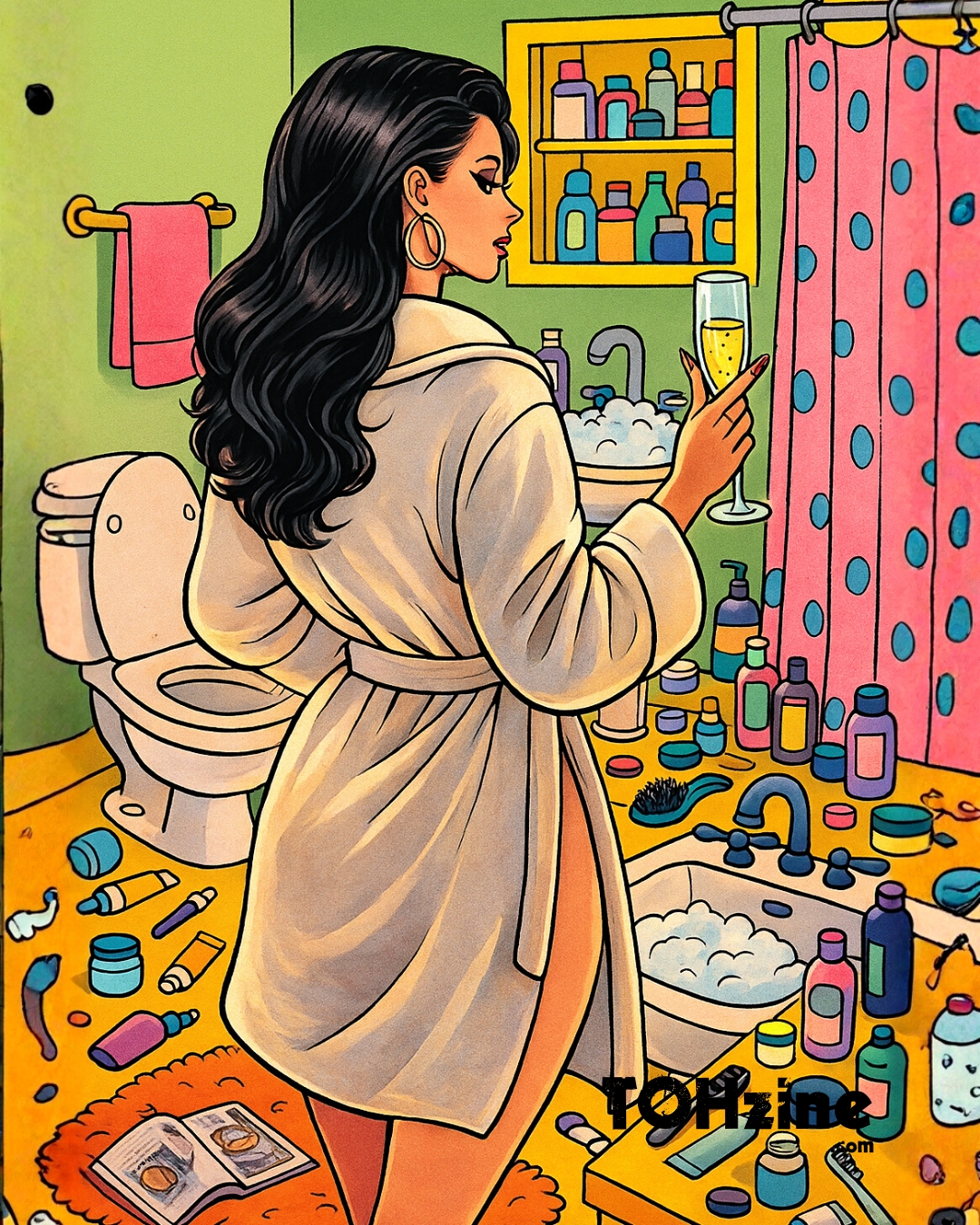 Donna con accappatoio beige in bagno colorato pieno di prodotti beauty, illustrazione pop