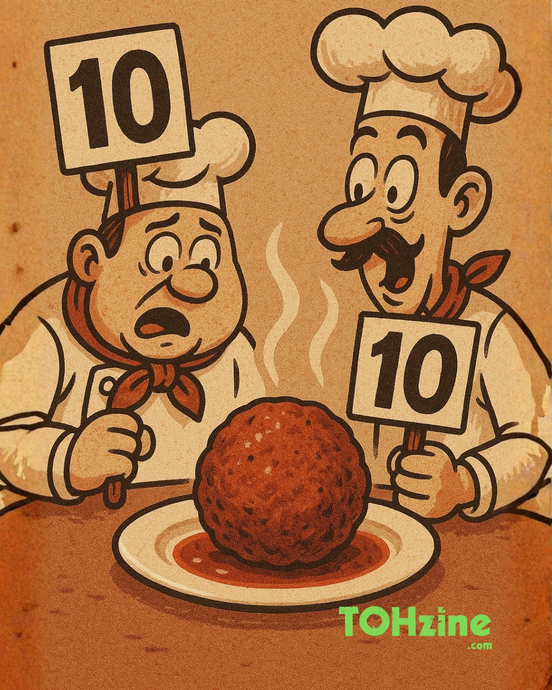 Illustrazione vintage con due cuochi che giudicano una polpetta alzando cartelli con voto 10